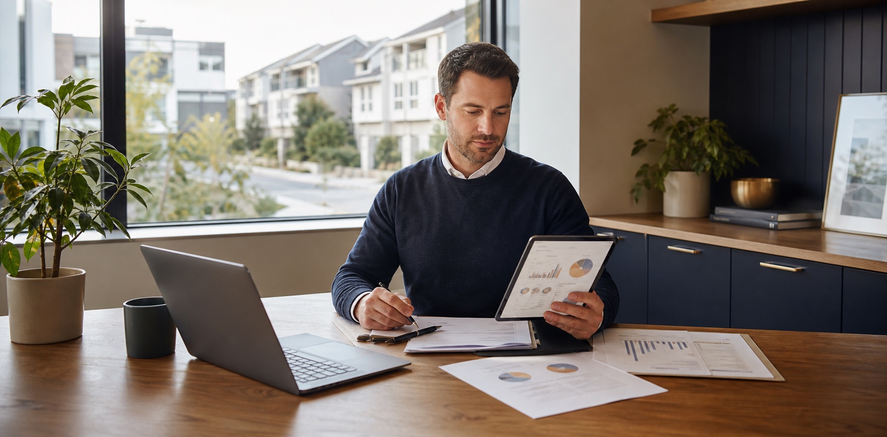 A property management professional reviewing organized operational reports