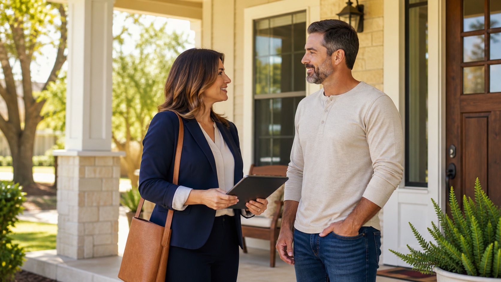 A property manager speaking with a homeowner at a rental property